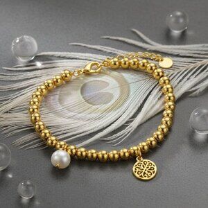 18K Gold Plated Steel Beaded Bracelet Filigree Mandala Pearl Charm Boho Gift